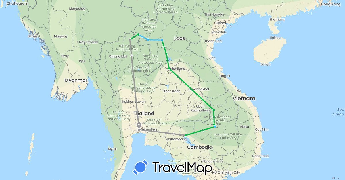 TravelMap itinerary: driving, bus, plane, boat in Cambodia, Laos, Thailand (Asia)